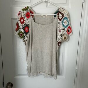 Umgee Linen Top with Crochet Sleeves